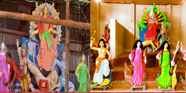 দুমকীতে প্রস্তুত পুজা মন্ডপ; প্রতিমা সাজাতে ব্যস্ত কারিগররা