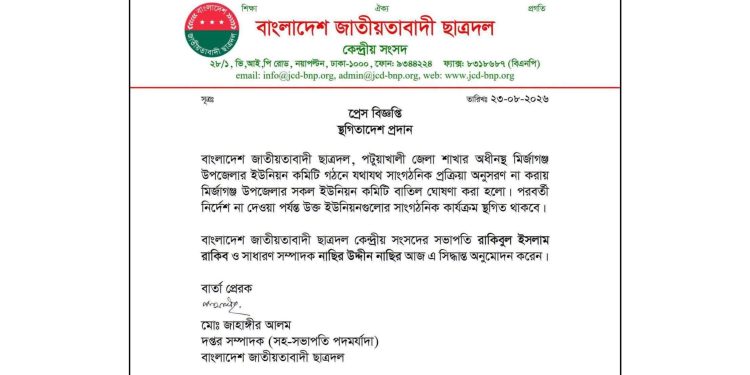 মির্জাগঞ্জ উপজেলা ছাত্রদলের সব ইউনিয়ন কমিটি বাতিল ও কার্যক্রম স্থগিত